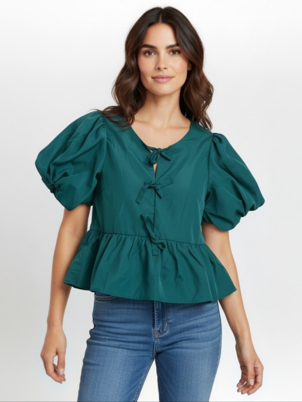NWT Entro Teal Green Bow Tie Front Puff Sleeve Peplum Blouse Large